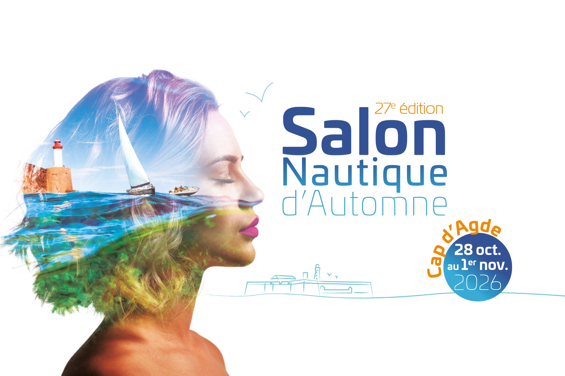 Affiche mobile du Salon Nautique d’Automne du Cap d’Agde 2026 avec voilier en mer Méditerranée et dates du 28 octobre au 1er novembre
