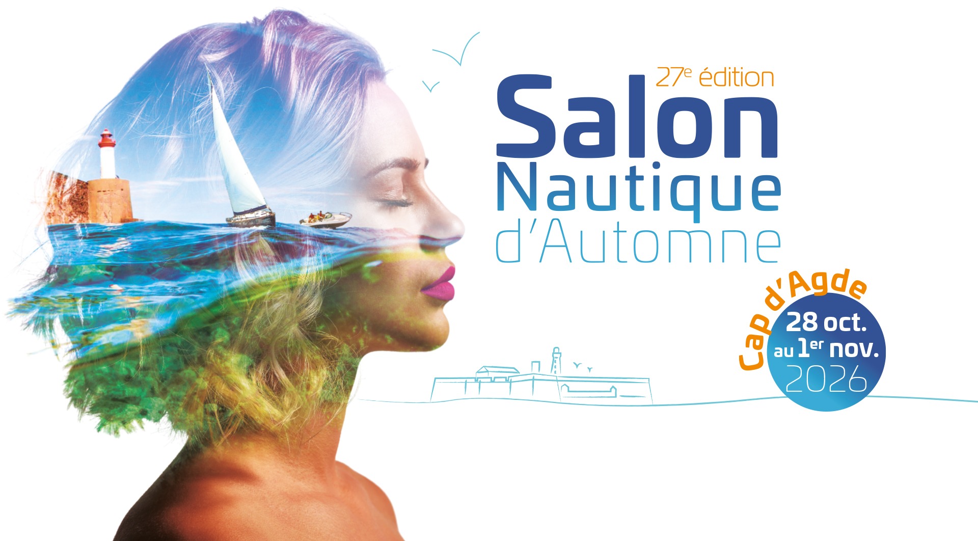 Affiche officielle du Salon Nautique d’Automne du Cap d’Agde 2026 avec voilier, bateau moteur et phare sur la Méditerranée